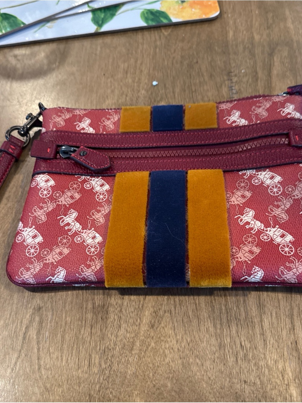 Coach Pouch Front Zip Wristlet Horse &Carriage Print Varsity Stripe Hand Bag